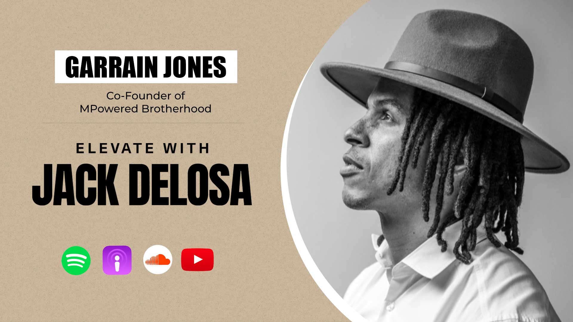 Image of Garrain Jones with a hat on with text on Elevate with Jack Delosa