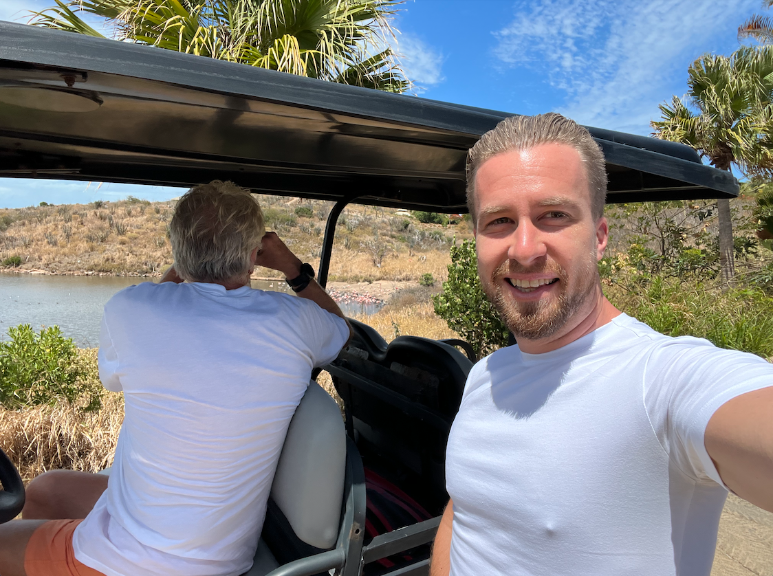 Richard Branson Counting Flamingos with Jack Delosa in a buggy