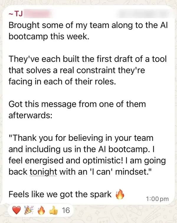 Team members build their first AI tools at the bootcamp and leave energised