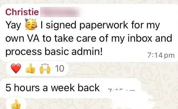 Member hires a VA for inbox and admin, getting 5 hours a week back