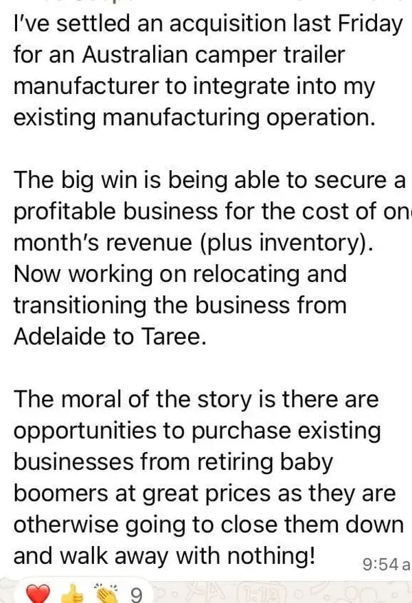 Member acquires a manufacturer for the cost of one month's revenue