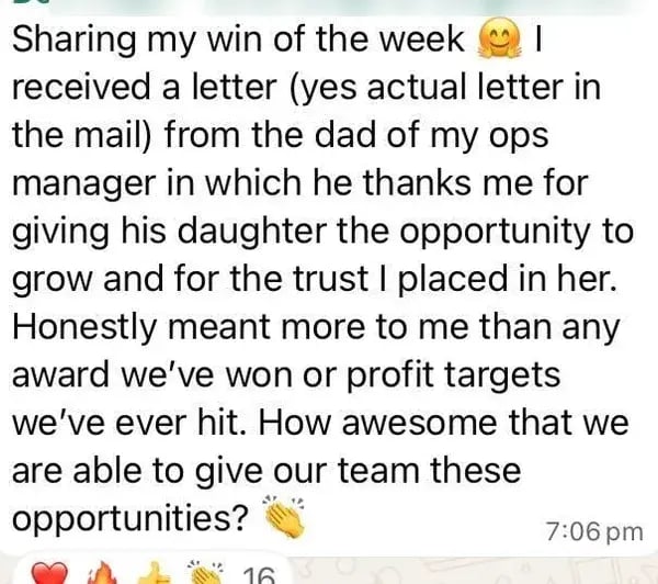 Member receives a thank-you letter from a team member's father
