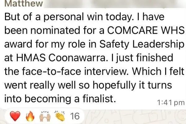Member nominated for a COMCARE WHS award for safety leadership